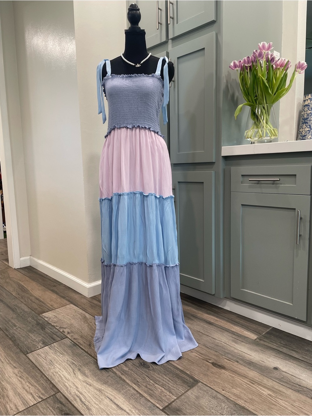 BeBop Pastel Tiered Maxi Dress in Lavender, Pink and Light Blue